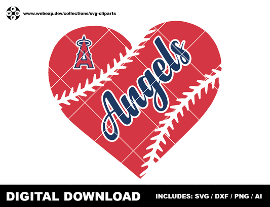 Los Angeles Angels heart baseball logo, LA Logo badge, clipart SVG PNG DXF instant download