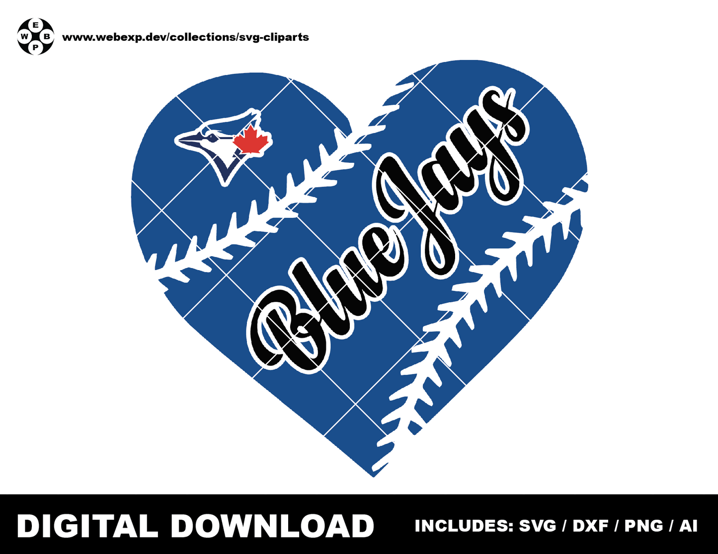 Blue Jays heart baseball logo, clipart SVG PNG DXF instant download