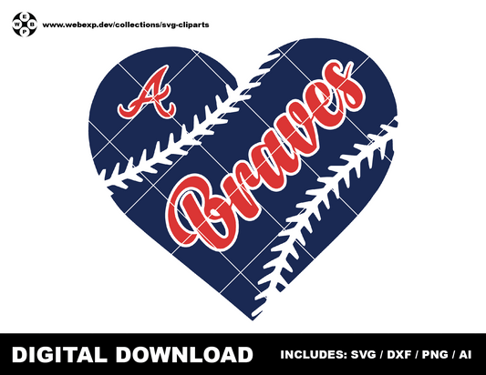 Braves heart baseball logo, clipart SVG PNG DXF instant download