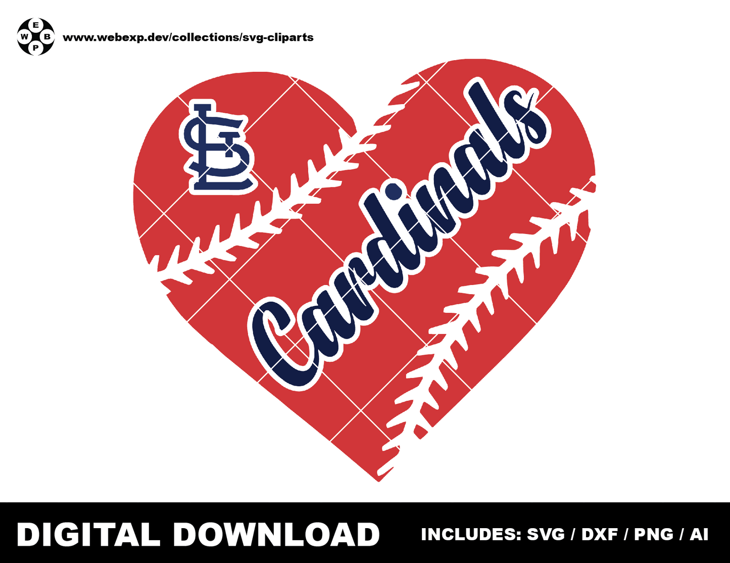 Cardinals heart baseball logo, clipart SVG PNG DXF instant download