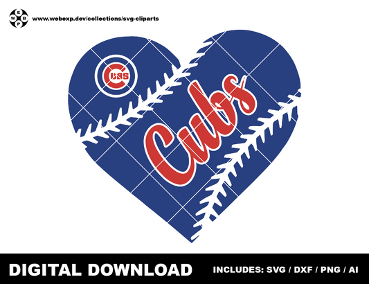 Cubs heart baseball logo, clipart SVG PNG DXF instant download