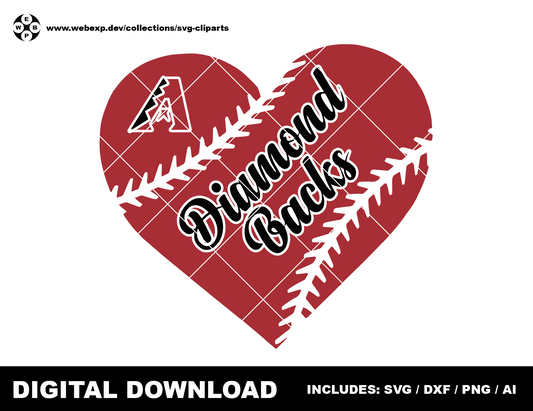 Diamond Backs heart baseball logo, clipart SVG PNG DXF instant download