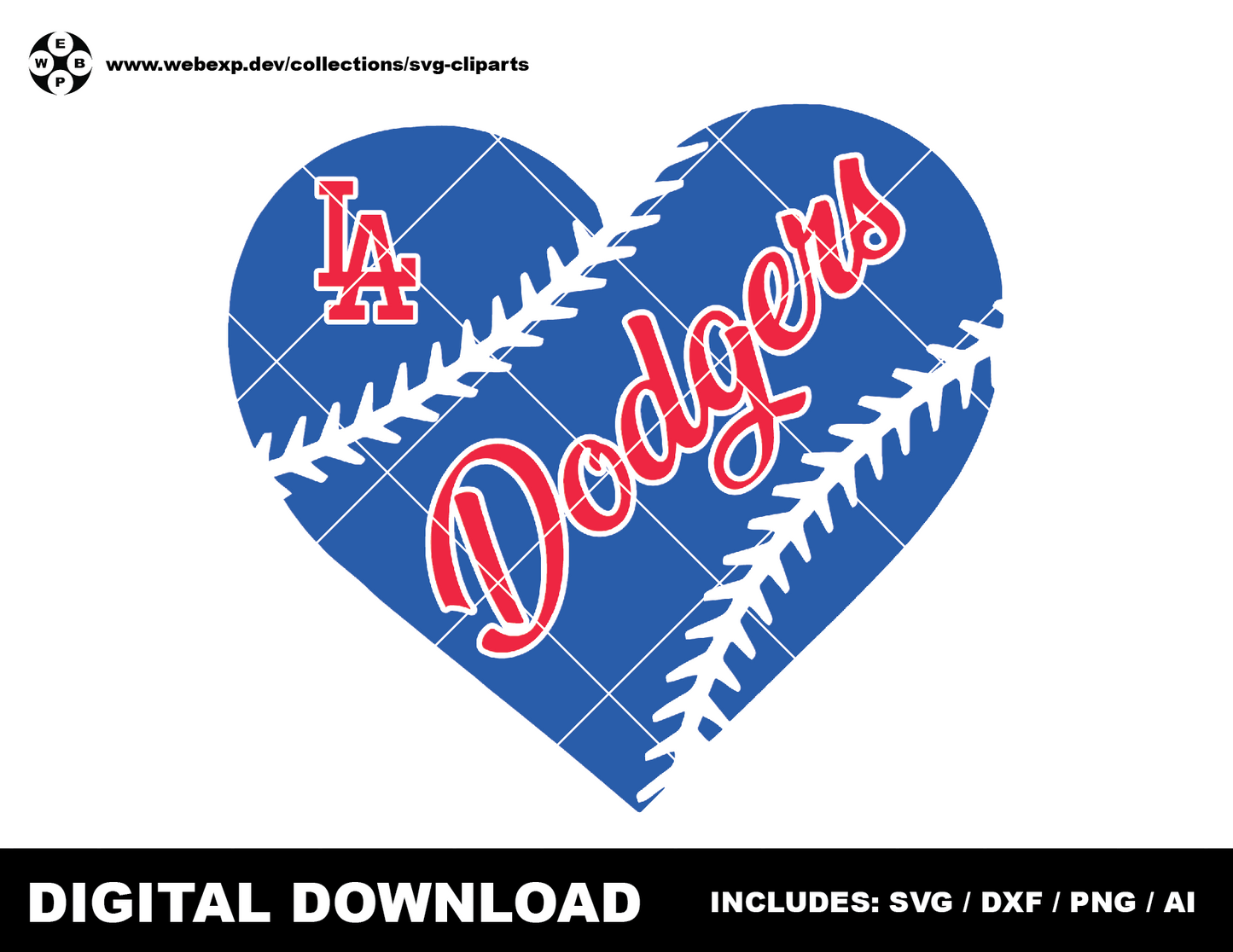 Dodgers heart baseball logo, clipart SVG PNG DXF instant download