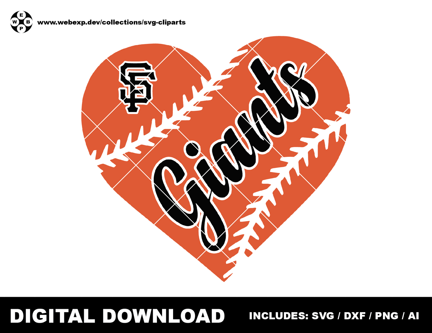 Giants heart baseball logo, clipart SVG PNG DXF instant download