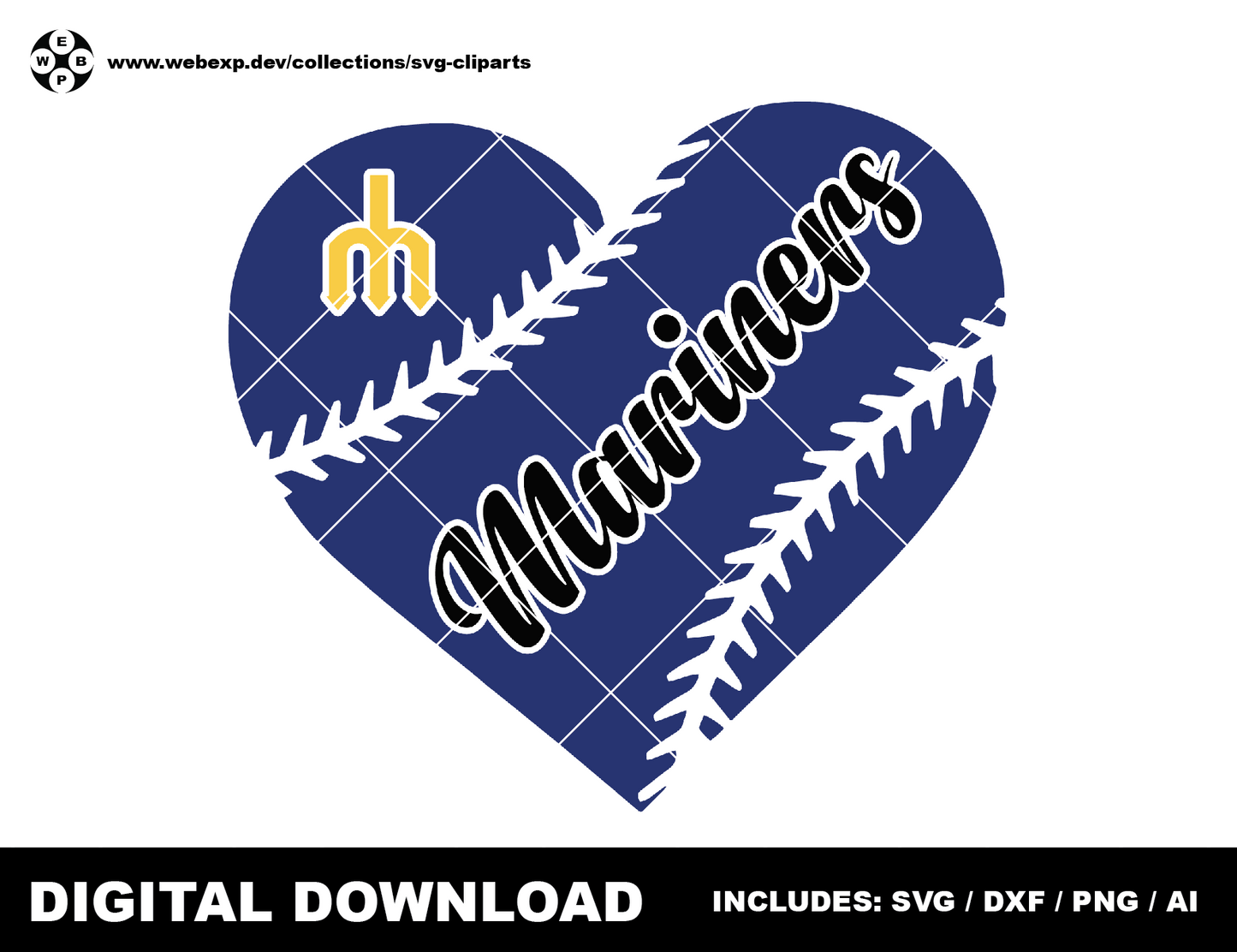 Mariners heart baseball logo, clipart SVG PNG DXF instant download