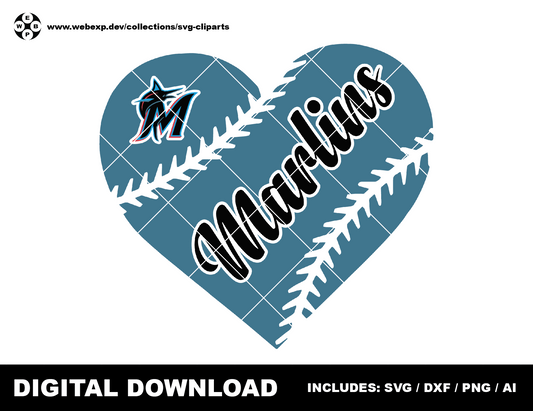 Marlins heart baseball logo, clipart SVG PNG DXF instant download