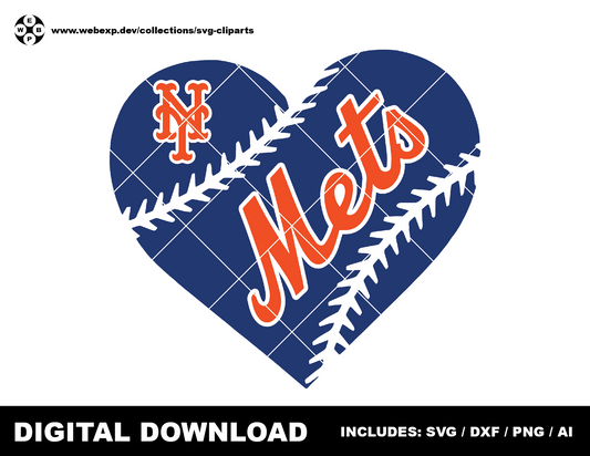 Mets heart baseball logo, clipart SVG PNG DXF instant download