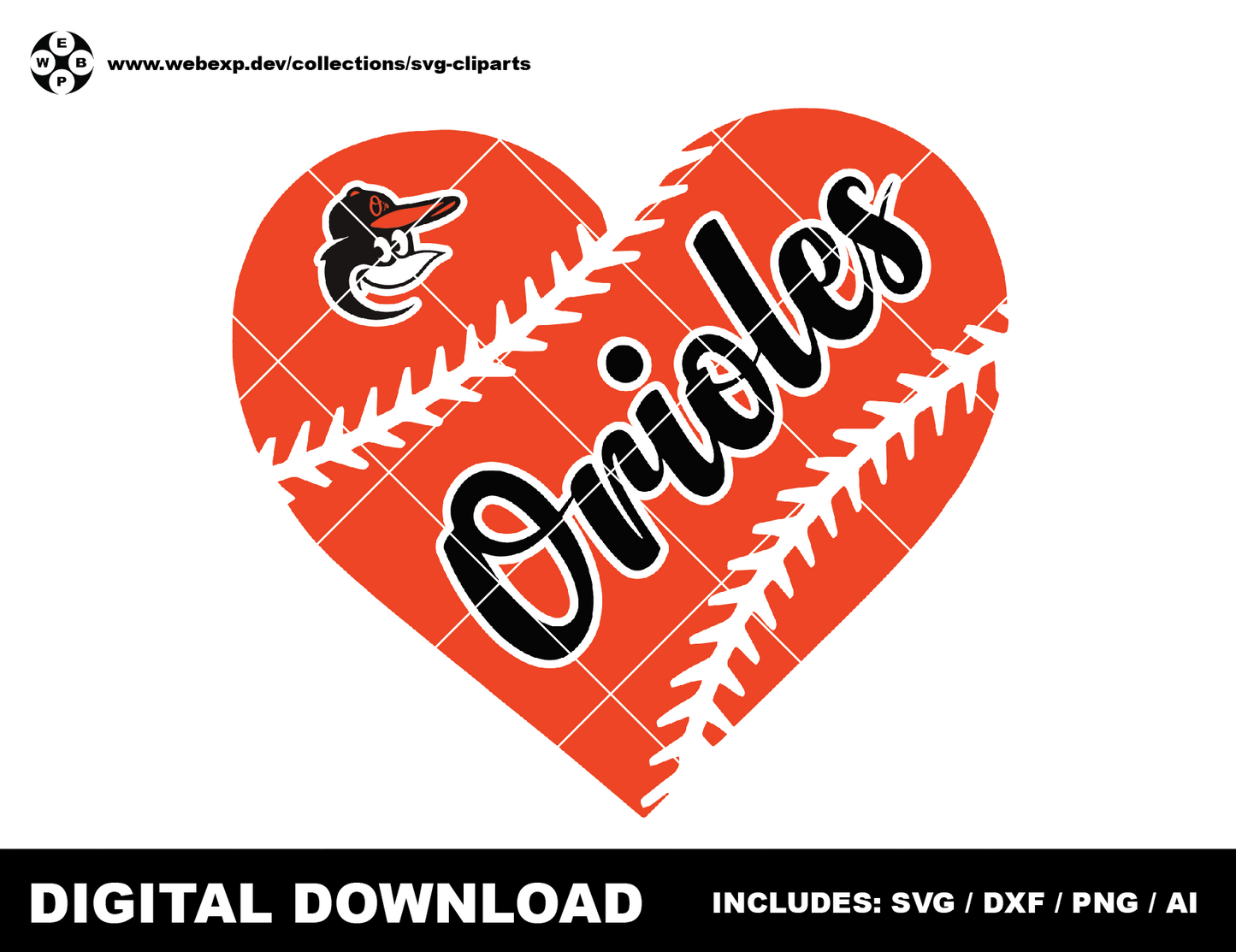 Orioles heart baseball logo, clipart SVG PNG DXF instant download