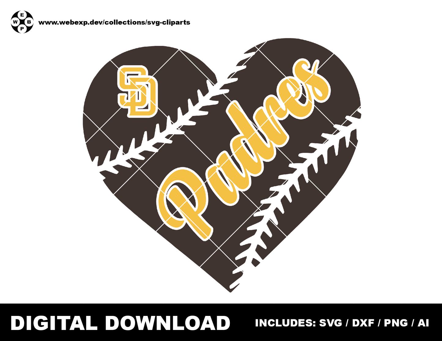 Padres heart baseball logo, clipart SVG PNG DXF instant download