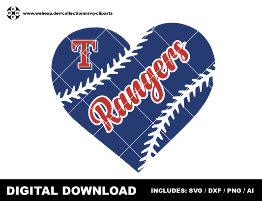 Rangers heart baseball logo, clipart SVG PNG DXF instant download