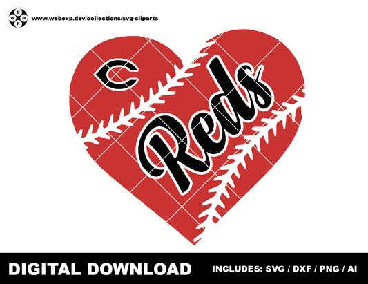 Reds heart baseball logo, clipart SVG PNG DXF instant download