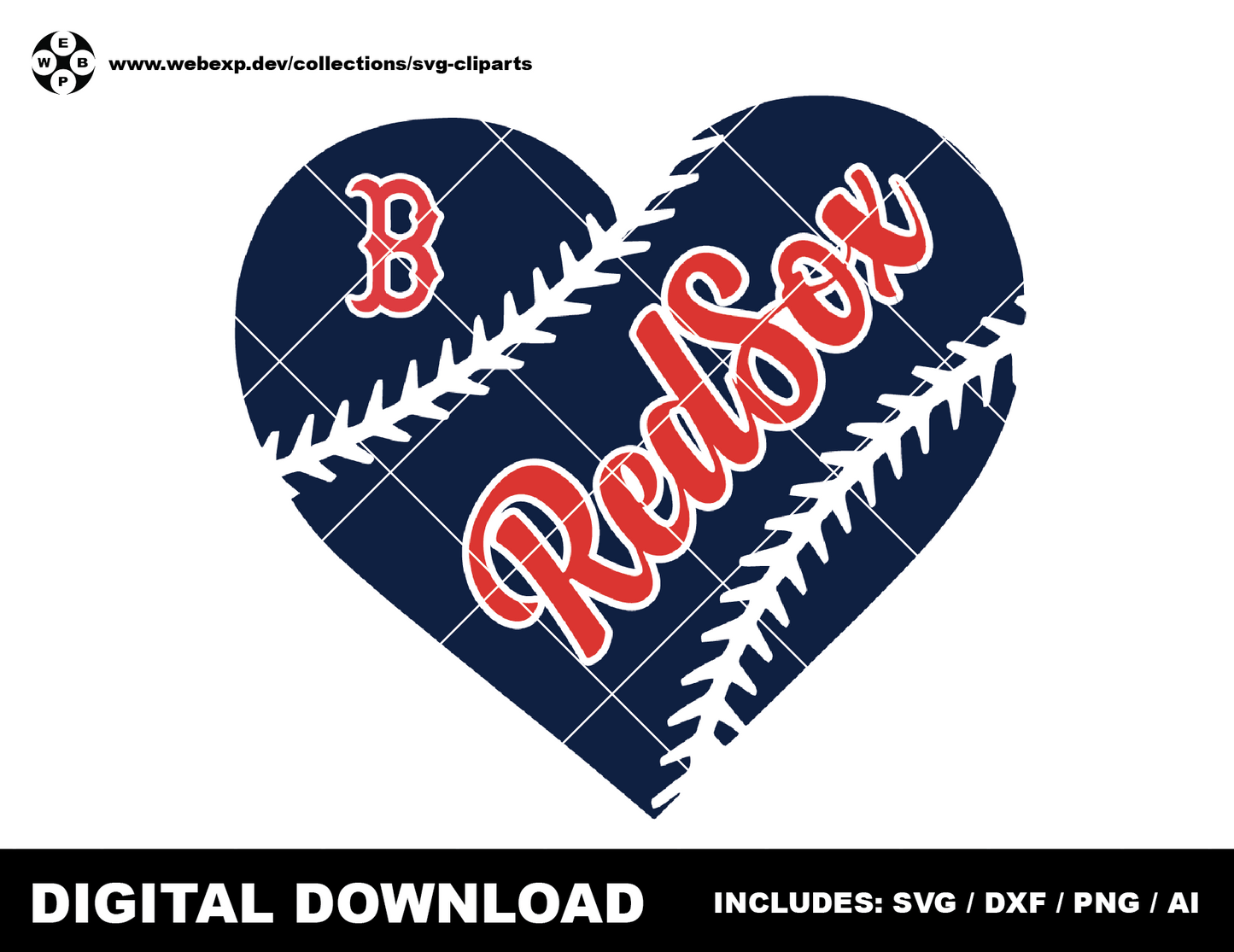 Redsox heart baseball logo, clipart SVG PNG DXF instant download