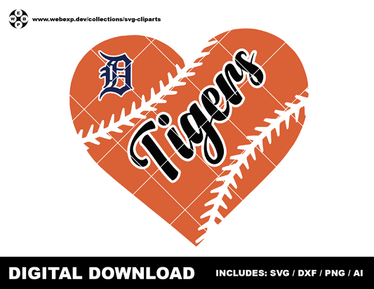 Tigers heart baseball logo, clipart SVG PNG DXF instant download