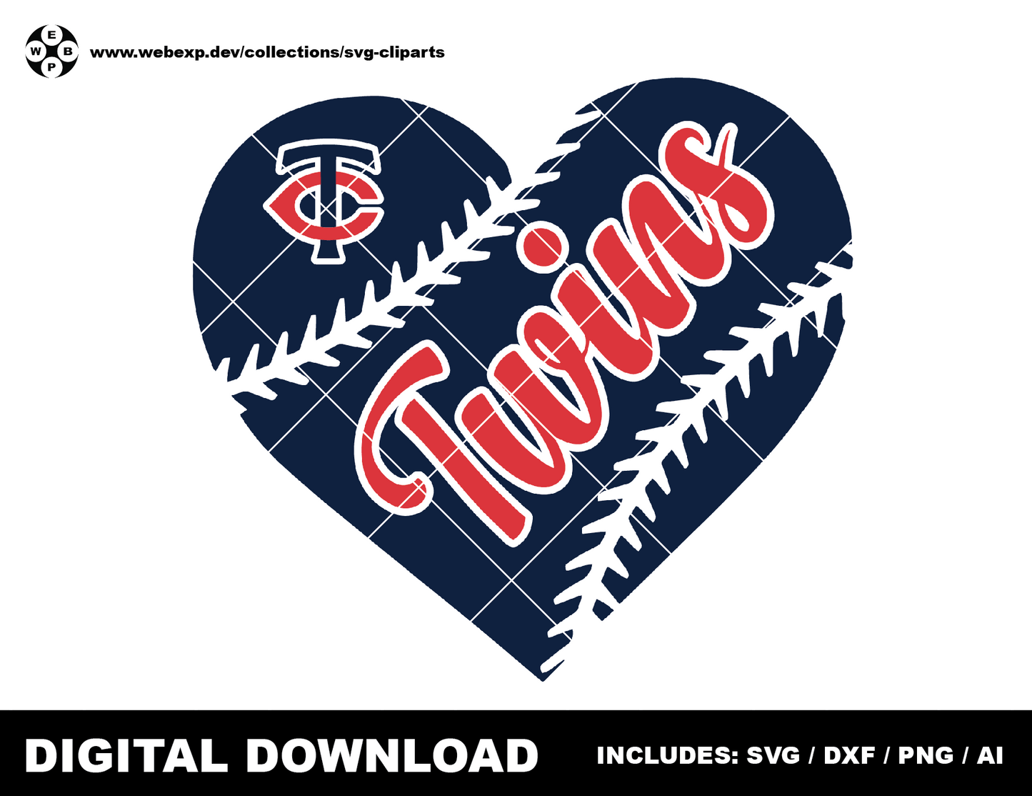 Twins heart baseball logo, clipart SVG PNG DXF instant download