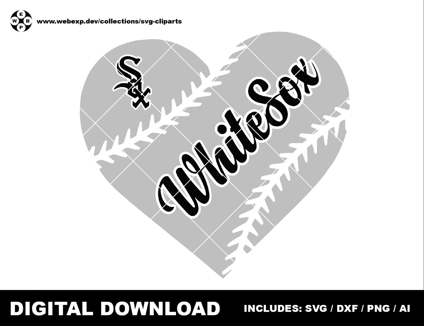 Whitesox heart baseball logo, clipart SVG PNG DXF instant download