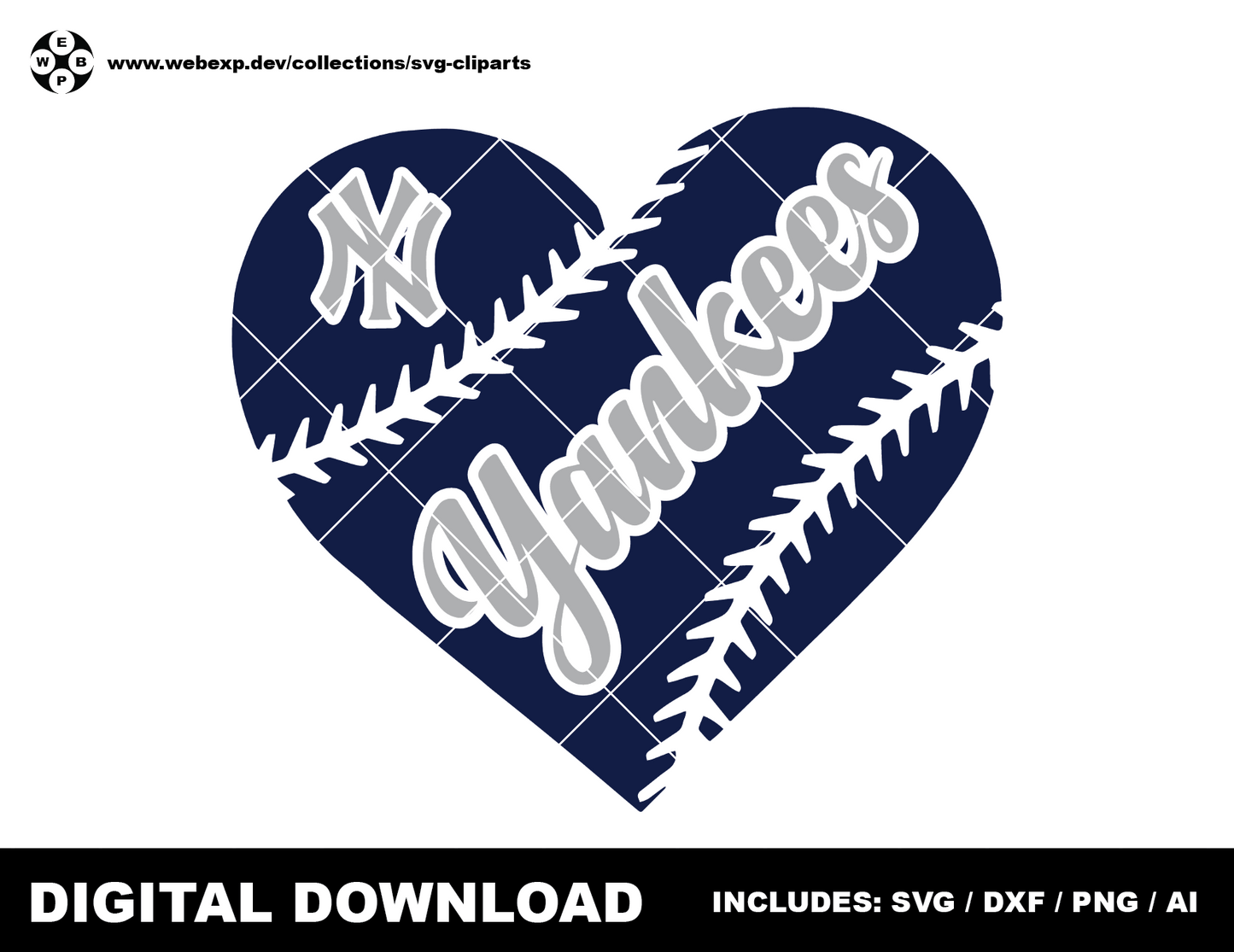 Yankees heart baseball logo, clipart SVG PNG DXF instant download